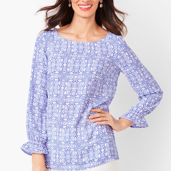 Talbots Blue & White Tile Print Blouse – Size Medium - Picture 3 of 8